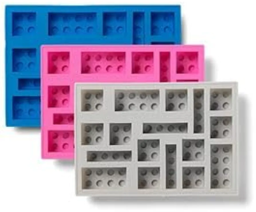 Room Copenhagen, LEGO Iconic Ice Cube Tray - Dishwasher Safe, Silicone Brick Mold - Set of 3, Blue, Pink, and Grey