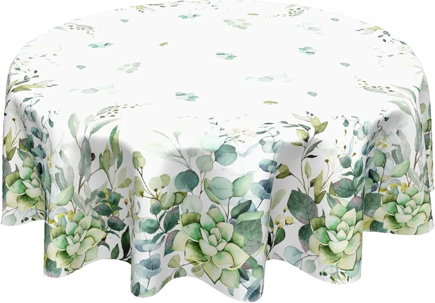 Spring Summer Tablecloth Round 60 Inch Sage Green Watercolor Leaves Table Cloth Eucalyptus Leaf Floral Tablecloth Washable Polyester Farmhouse Table Cover for Home Kitchen Dining Room Party Decor