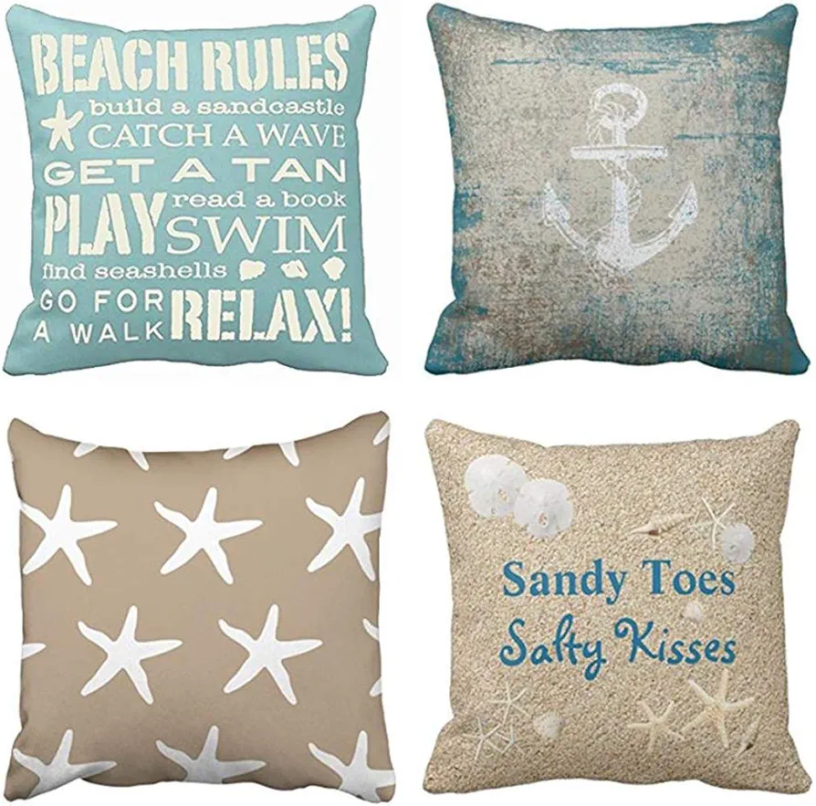 Emvency Set of 4 Throw Pillow Covers Beach Starfish Words Rules Holiday Summer Nautical Anchor Distressed Taupe Decorative Pillow Cases Home Decor Square 18x18 Inches Pillowcases