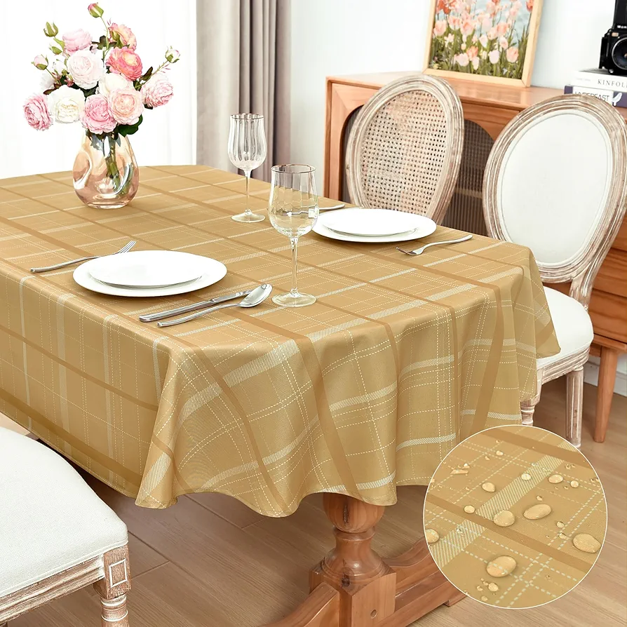 Gold Plaid Tablecloth Waterproof Table Cloth Oval Elegant Plaid Tablecloths for Daily Use Home Dining Room Kitchen 52x70 Inch