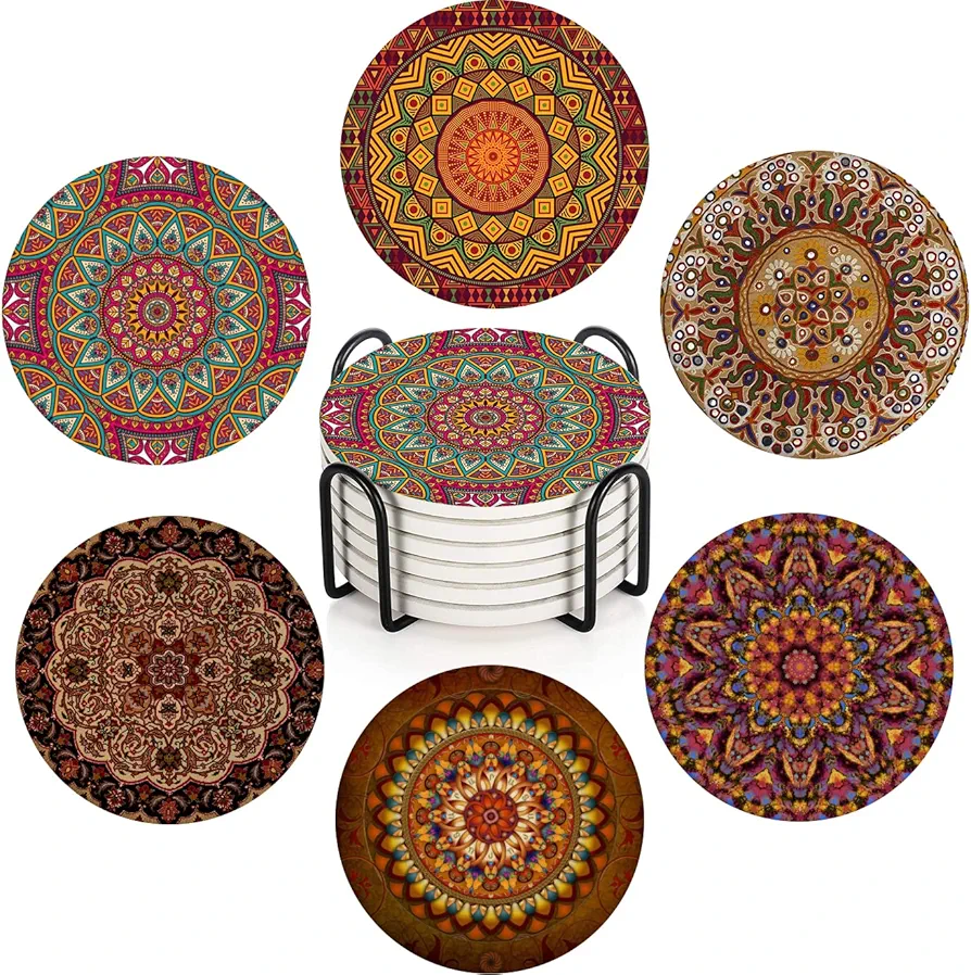 Britimes Coaster for Drinks Set of 6, Africa Mandala Circular Colorful Table Absorbent Round Ceramic Stone Mat, with Cork Base and Metal Holder, Gift for Housewarming Room Bar Decor