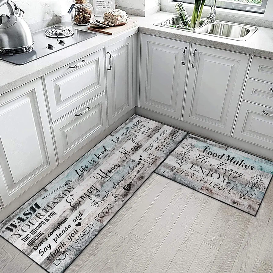 Country Rustic Farmhouse Kitchen Rugs Mat Sets of 2 Washable Non-Slip Blue Wood Kitchen Floor Mats for in Front of Sink Kitchen Decor for Dining Room, Floor Home, Office, Sink, Laundry