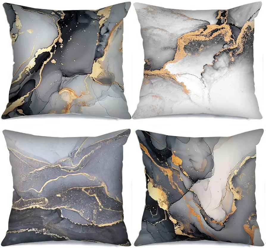 Tucocoo Abstract Marble Throw Pillow Covers 18x18 Set of 4 Grey Gold White Decorative Cushion Cases Texture Watercolor Print Art Pillowcase Modern Decor Home Decorations for Bed Car Patio Sofa Porch