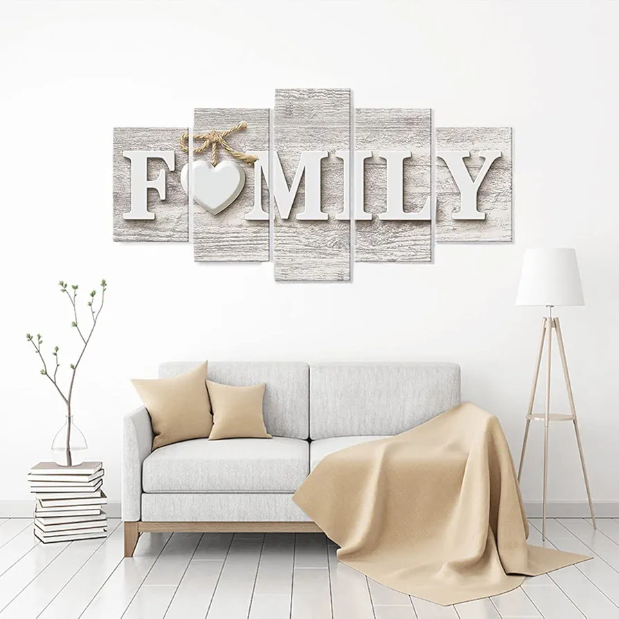 SUNYSUBY 5PCS/Set FAMILY Sign Rustic Beige Wood Grain Large Framed Hand-Made Wall Art Artwork On Stretched Canvas Print Oil Painting Decor for Home Living Room Ready to Hang (FAMILY LOVE, W50 x H24)