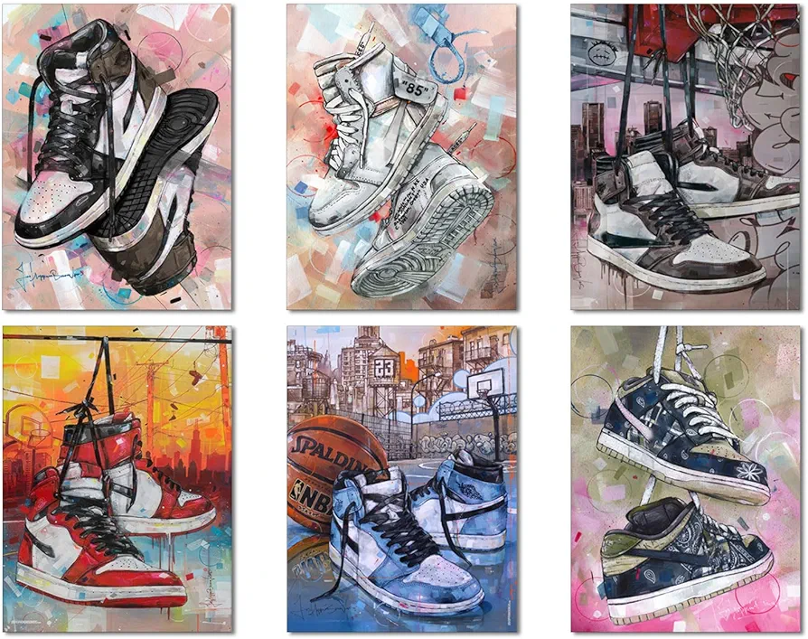 TRUYJXX 6Pcs Graffiti Sneakers Wall Art Prints Pop Sneaker Shoe Posters Street Canvas Painting Trendy Cool Banksy Pictures Teen Boy Girl Dorm Bedroom Living Room Gym Sports Wall Decor 8x10in Unframed