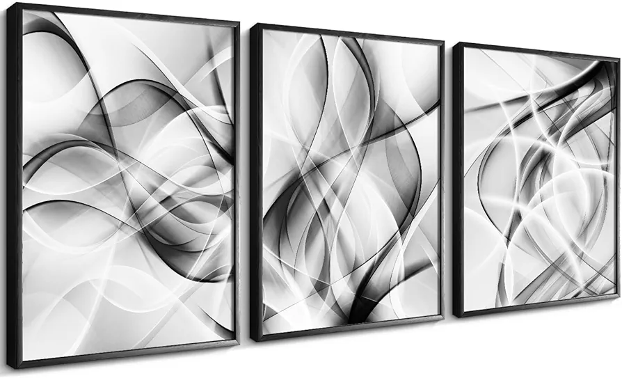 Creoate Abstract Framed Canvas Wall Art for Living Room Decor, 3 Panels Black and White Canvas Print Artwork Modern Home Decoration for Bedroom Decor, 12X16 Inch X3pc (Black)