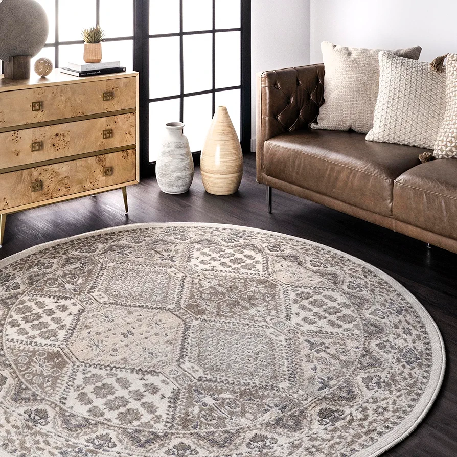 nuLOOM 4 Round Becca Traditional Tiled Area Rug, Beige, Faded Transitional Design, Stain Resistant, For Bedroom, Dining Room, Living Room, Hallway, Office, Kitchen, Entryway