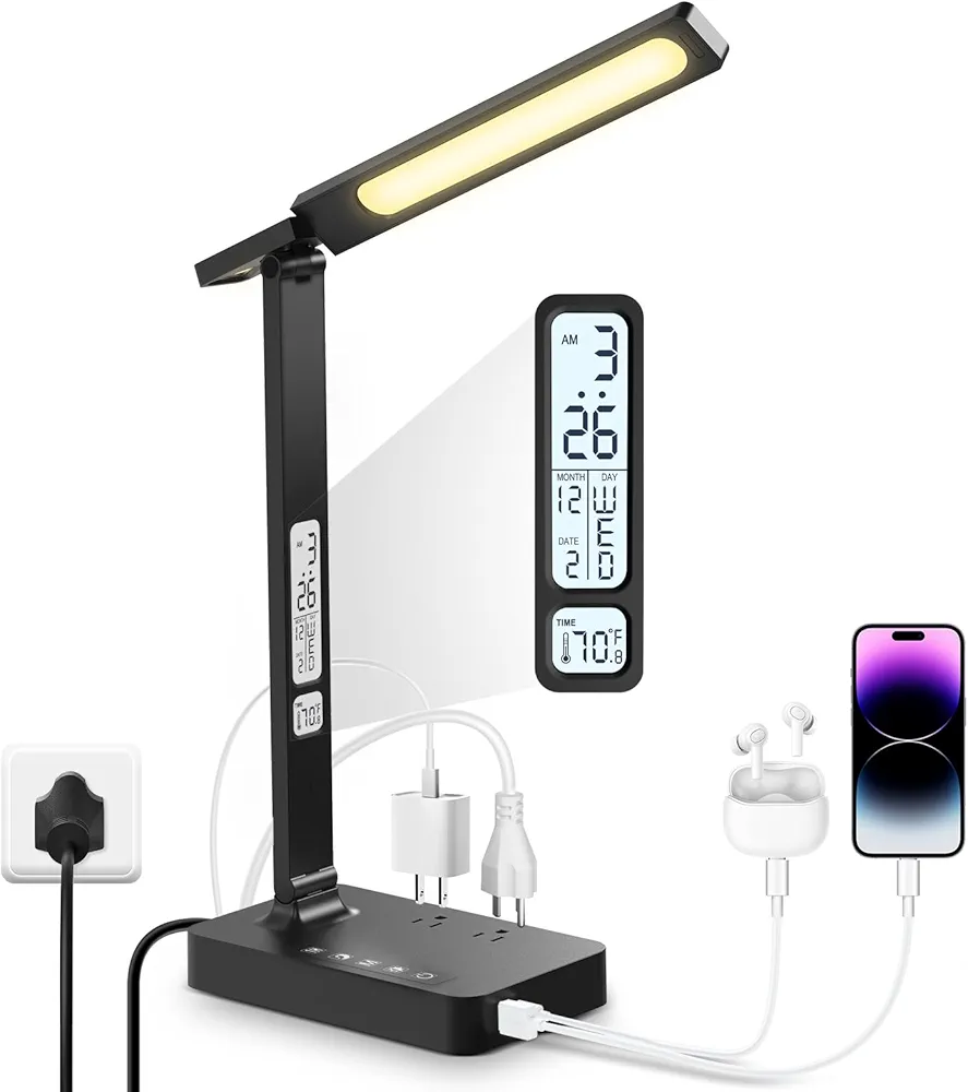 Desk Lamp with USB Charging Port: LED Eye-Caring Smart Table light for Home Office - 1 Type-C, 1 USB-A Charging Port, 2 AC Power Outlets.