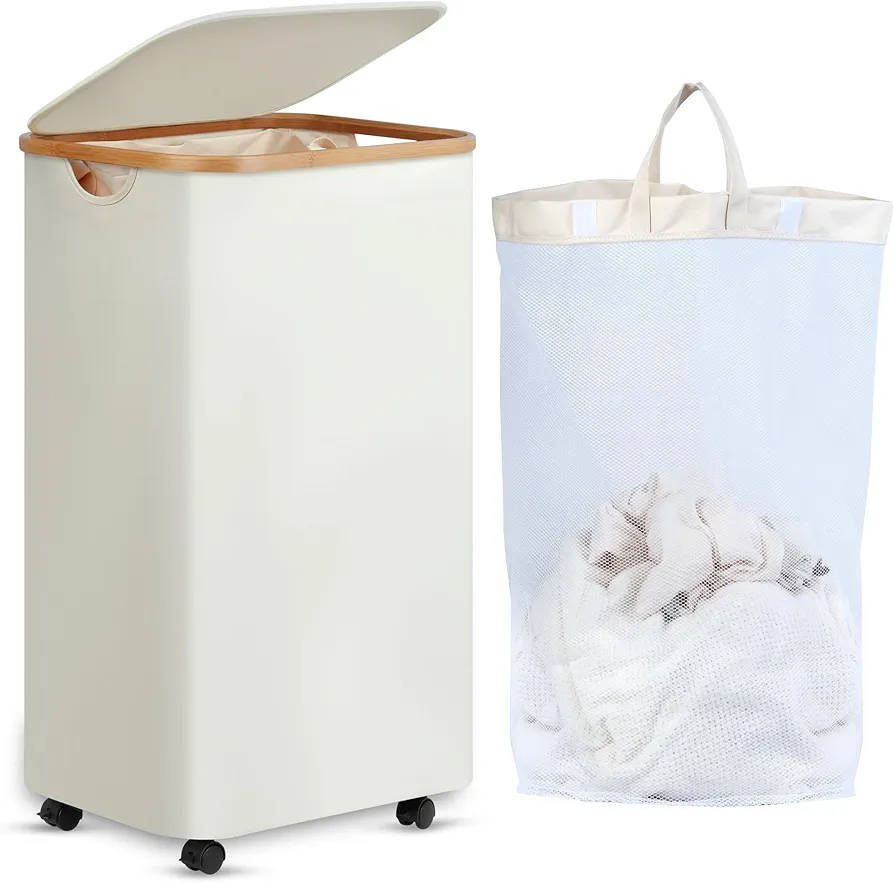 Laundry Hamper with Wheels, Rolling Laundry Hamper with Lid and Removable Bag, Collapsible Dirty Clothes Hamper with Wheels for Laundry Room, Bedroom & Bathroom, 100L (26.4 Gallon) Beige