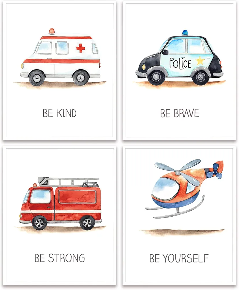 4 PCS Emergency Vehicle Wall Art Car Nursery Decor Boys Room Wall Decor, Unframed, Cute Fire Truck Ambulance Police Car Transportation Prints Painting Artwork for Bedroom Home Living Room, 8x10 inch