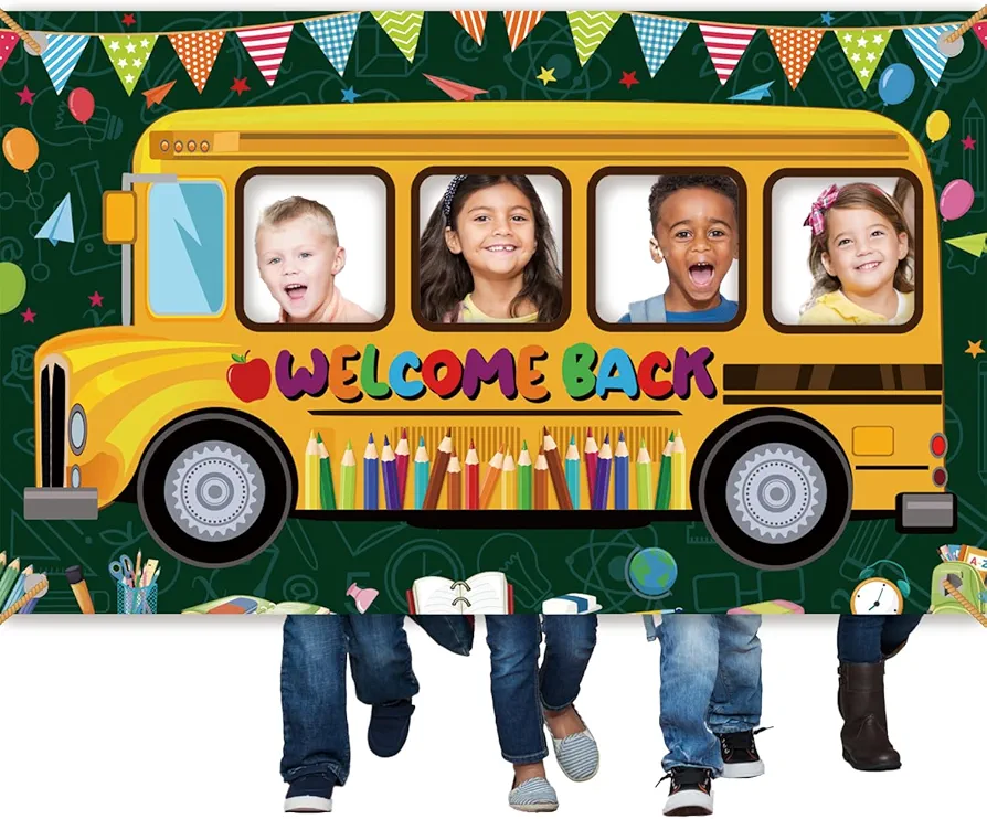 Welcome Back to School Banner - Large School Bus Photo Prop Backdrop for First Day of School Decorations Back to School Party Group Photo Prop Decorations Supplies School Classroom(65 * 40 in)