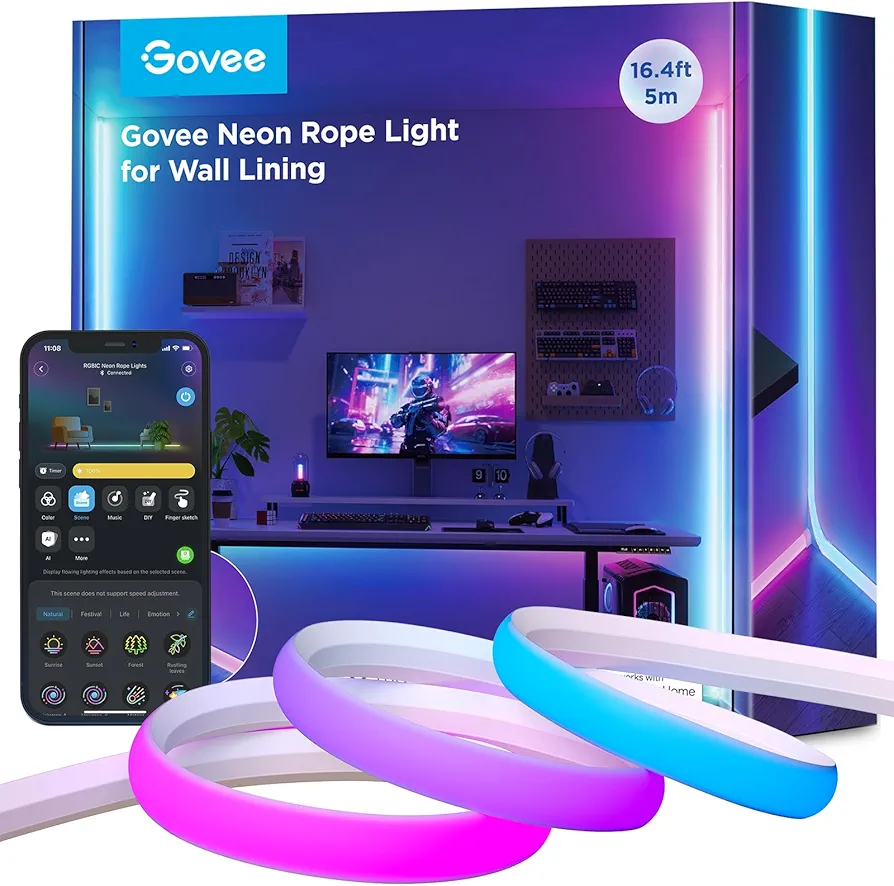 Govee Neon Rope Light for Wall Lining, LED Rope Lights Work with Matter, Google Assistant, Alexa, 16.4ft RGBIC Strip Lights with Smart App Control and Music Sync for Living Room, Bedroom, Wall Corners