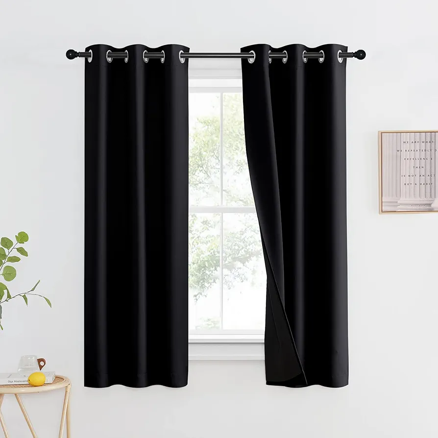 NICETOWN 100% Blackout Curtain for Kitchen, Thermal Insulated & Energy Efficiency Window Drapery with Black Liner, Noise Reducing Short Curtain for Kids Room (Black, 37-inch W by 63-inch L, 1 Panel)