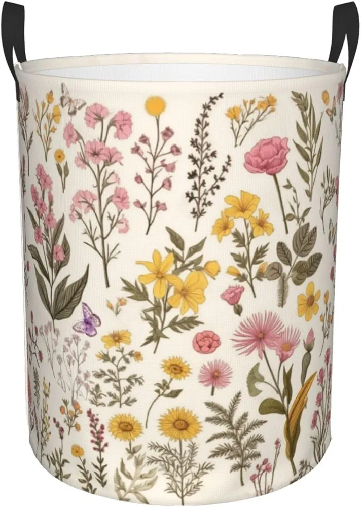 Floral Laundry Basket Vintage Flowers And Plants Herbs Laundry Hamper Foldable Waterproof Dirty Clothes Storage Bucket Toys Organizer Bag For Bedroom Bathroom Laundry Storage 16.5" X 13.4"