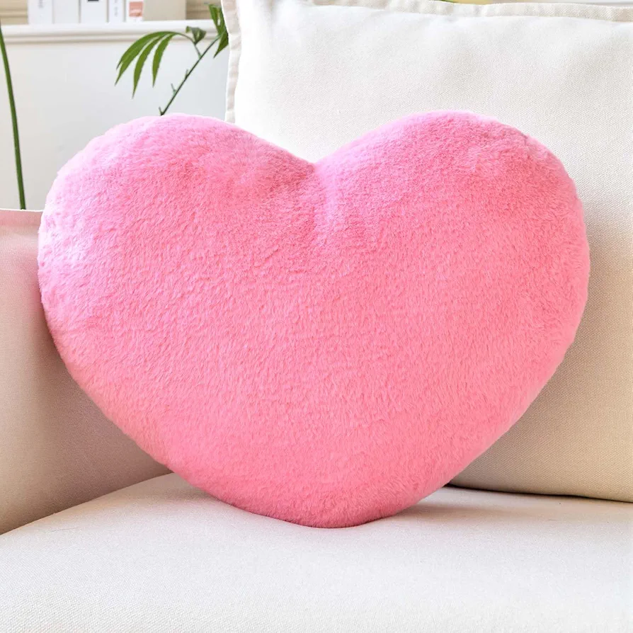 Heart Pillow, Soft Peach Pink Heart Shaped Pillow, Cute Faux Rabbit Fur Room Decorative Throw Pillow, 12.9"x9.8" Heart Plush Cushion for Couch Bed Kid Girls Women Valentine's Day Gift