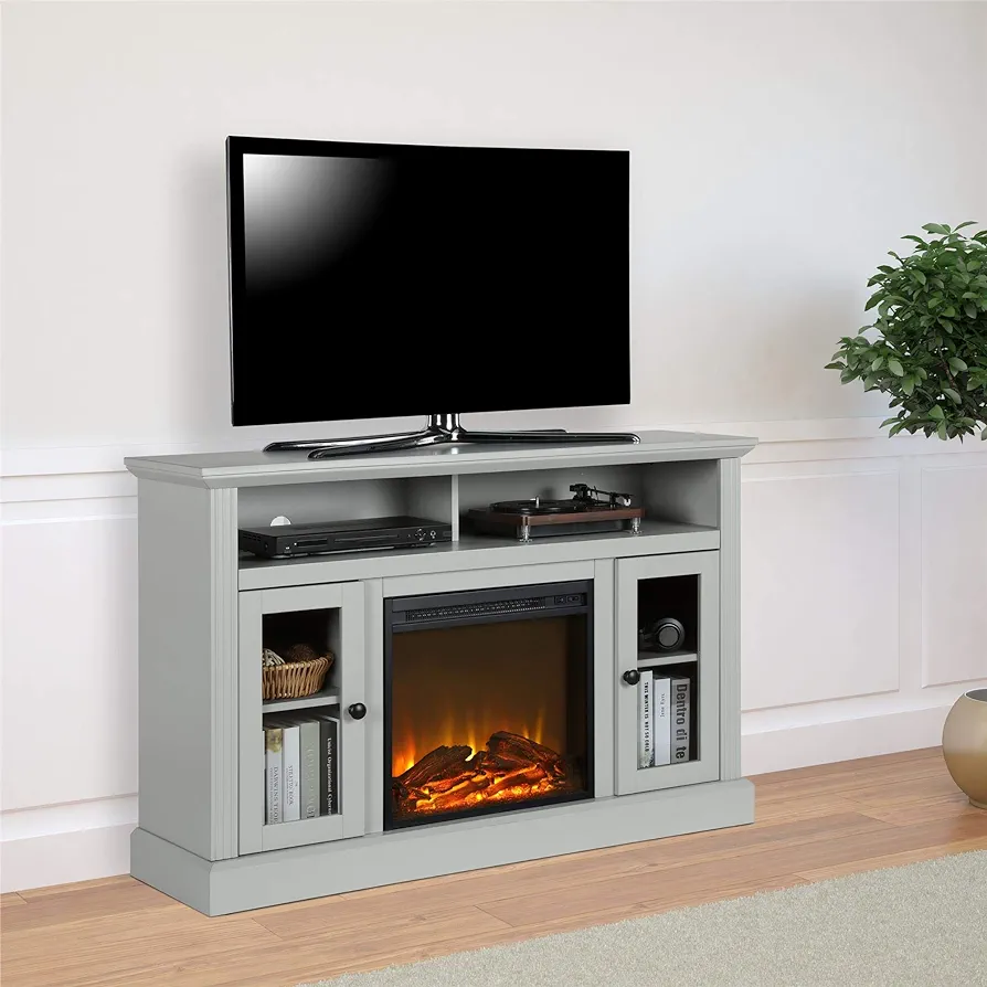 Ameriwood Home Chicago Fireplace TV Stand for TVs up to 50 Inch, Replaceable Electric Fireplace Insert Heater, Realistic Log and Flame Effect, For Living Room or Bedroom, Dove Gray