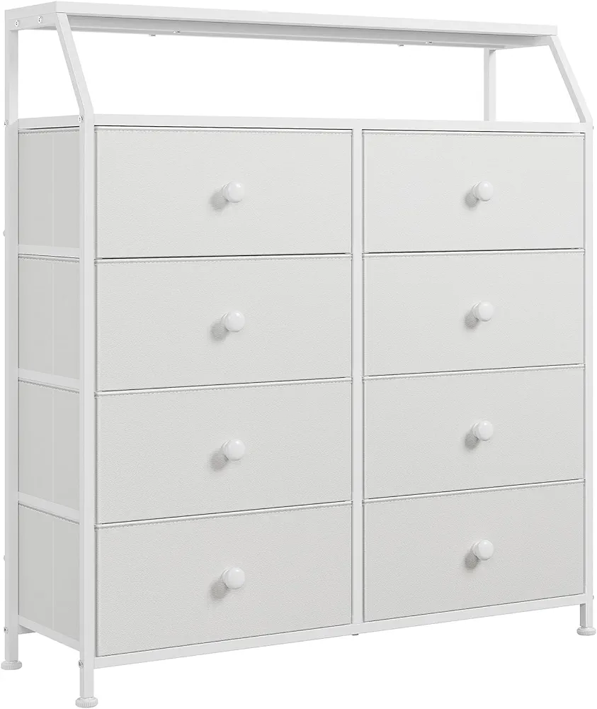 REAHOME 8 Drawer Dresser for Bedroom with Shelves Faux Leather Chest of Drawers for Closet Large Capacity Organizer Tower Tall Dressers with Wood Top Sturdy Steel Frame for Living Room Hallway (White)