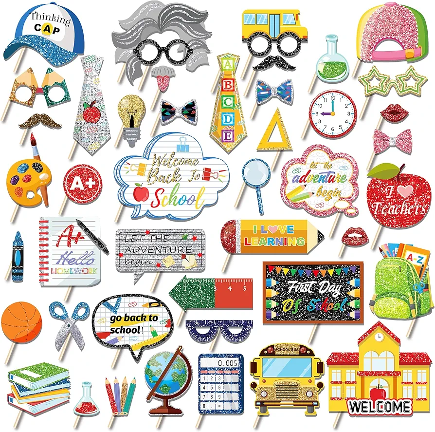 45pcs Back to School Photo Props,First Day of School Photo Booth Props,New Grade Classroom Kindergarten Back to School Party Decorations Supplies