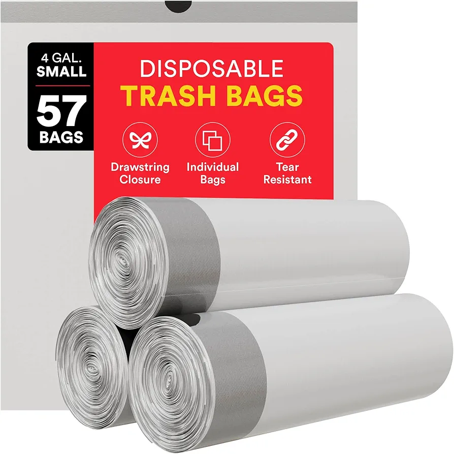 Small Trash Bags 4 Gallon Trash Bags Drawstring - 57 White Unscented Small Garbage Bags | Waste Basket Plastic Trash Can Liners | Bathroom House Cleaning Supplies