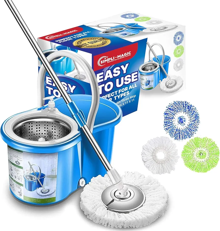 Simpli-Magic 360 Spin Mop Cleaning Bucket Set with 4 Microfiber Mop Heads Included