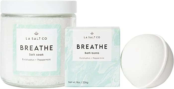 LA SALT CO Breathe Bath Salt Soak Set - 8 OZ Bath Bomb and 16 OZ Bath Salts - Healing and Relief from Sore Muscles, Stress, and Congestion