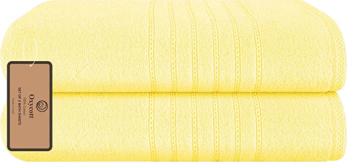 Oxycott 100% Cotton Set of 2 Bath Sheets Oversized 33x68, Ultra Soft Absorbent Quick Dry Extra Large Bath Sheets for Bathroom, Hotel Quality Luxury Set Bath Sheet Towels for Adults, Pale Yellow