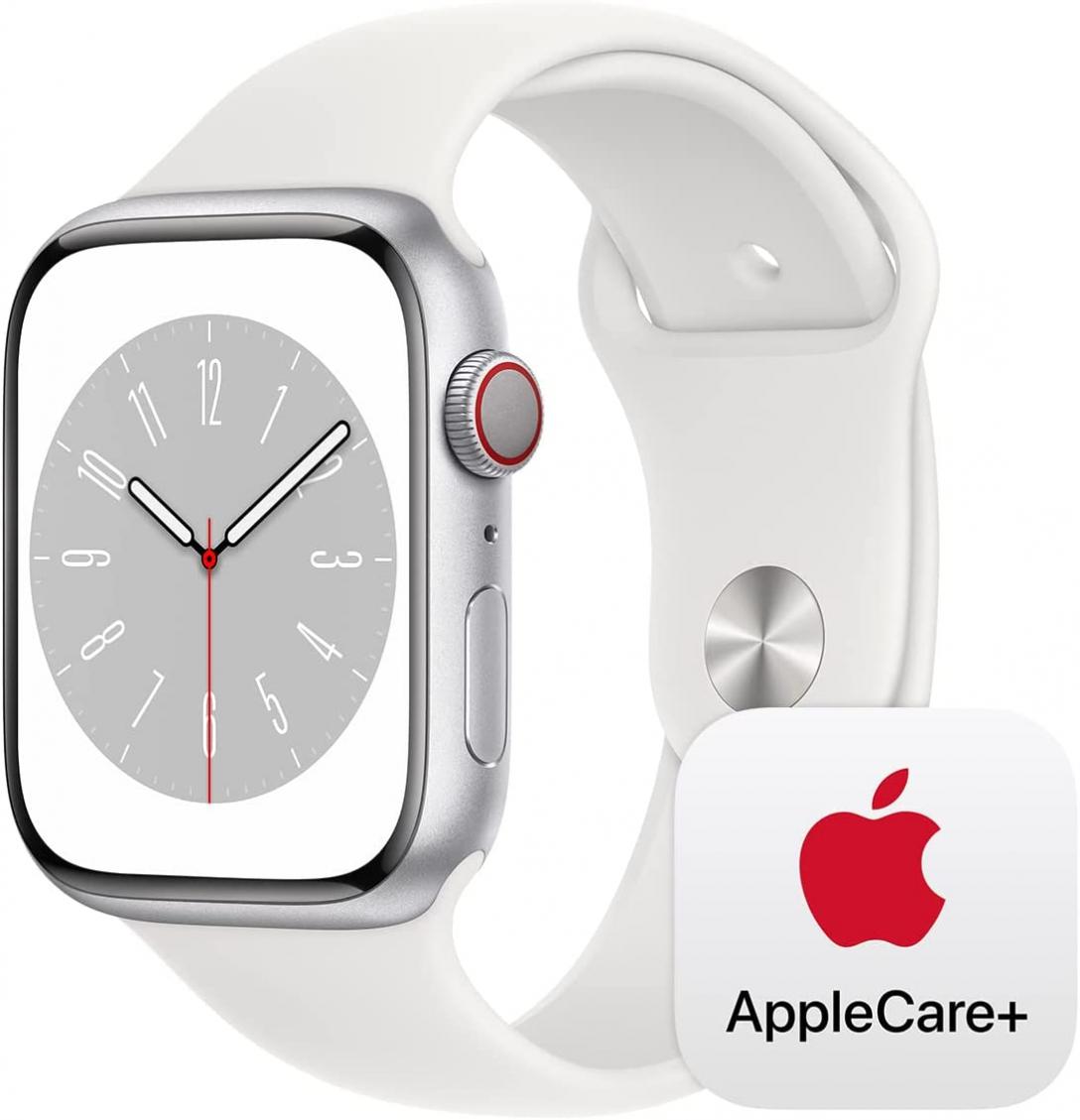 Apple Watch Series 8 [GPS + Cellular 45mm] Smart Watch w/ Silver Aluminum Case with White Sport Band - M/L with AppleCare+ (2 Years)