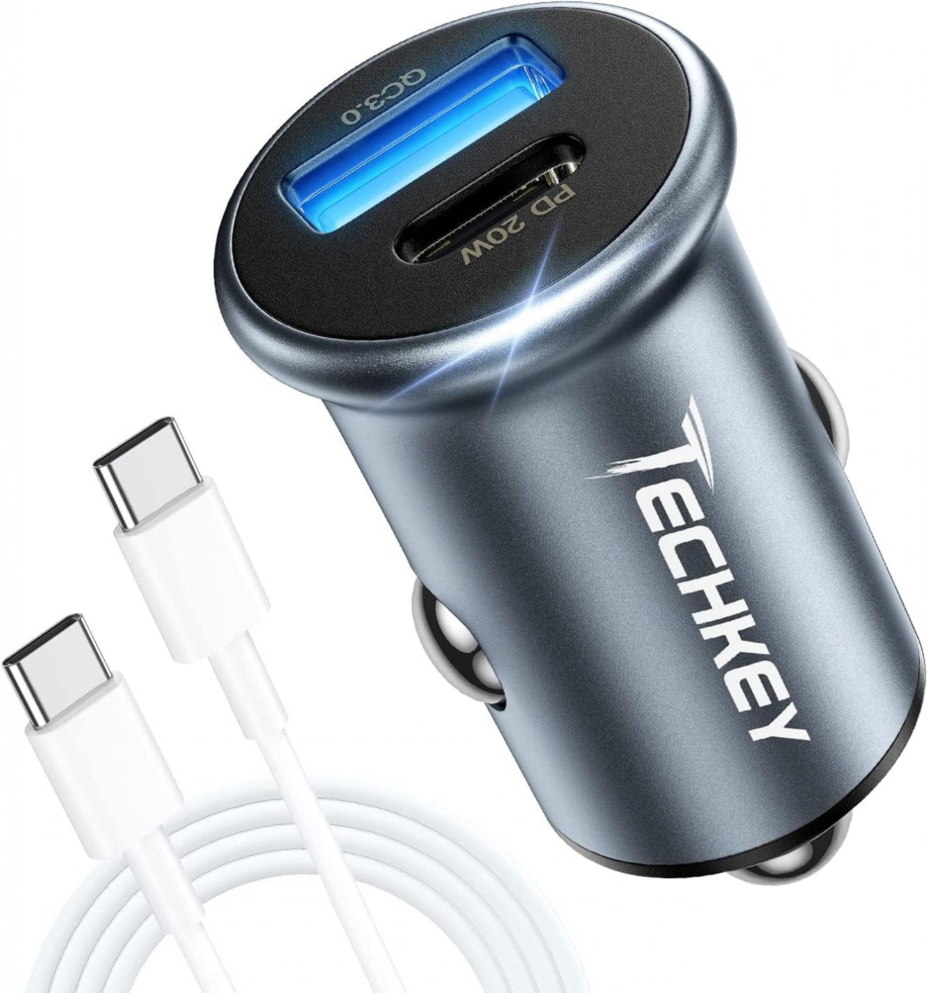 USB C Car Charger Adapter - Techkey 38W Dual Port Fast USB Car Charger Compact Power Adapter with Power Delivery & Quick Charge 3.0 Compatible with iPhone/iPad/MacBook/Samsung etc.