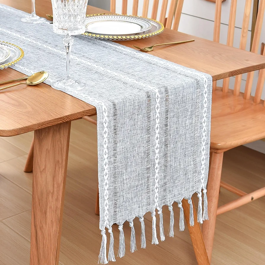 Rustic Farmhouse Table Runner with Tassels Blue and Grey Boho Embroidered Table Runners 36 Inches Small Braided Stripe Table Runner for Dining Kitchen Party Home Decoration 13 x 36 Inch