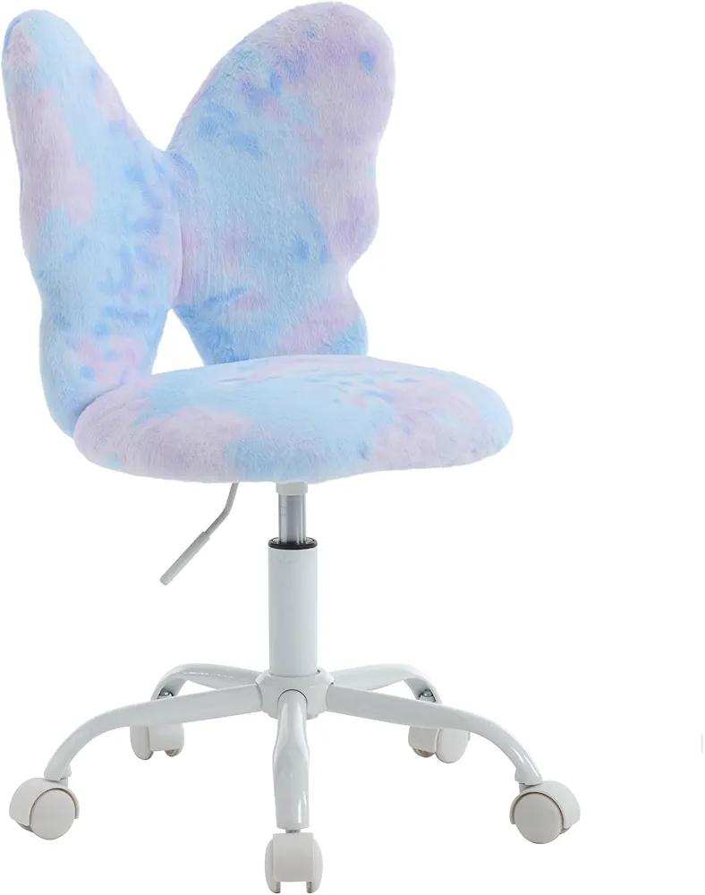 chairus Kids Desk Chair Butterfly Faux Fur Study Chair for Teenage Girls Adjustable Kids Vanity Chair for Bedroom Reading Living Room, Small Cute Student Task Chair with White Foot, Baby Blue