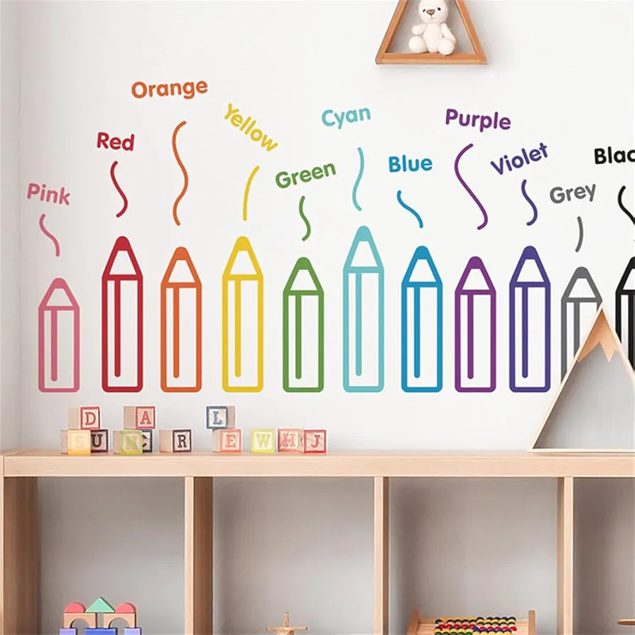 Colorful Pencils Wall Decals Primary Colors Learning Skills Wall Wtickers School Wall Decoration for Kids Room Baby Nursery Playroom Living Room