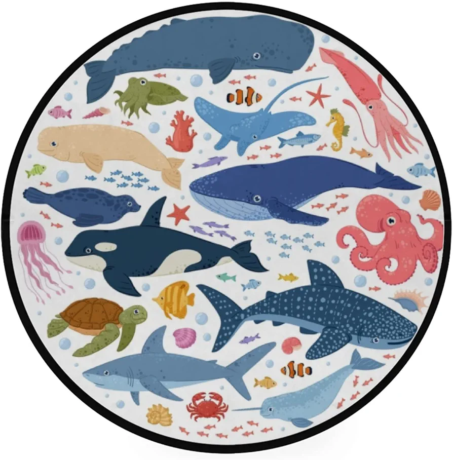 Vantaso Kids Round Nursery Area Rug Ocean Animals Whale Dolphin Shark 3 Ft Non Skid for Children's Bedroom Playing Room