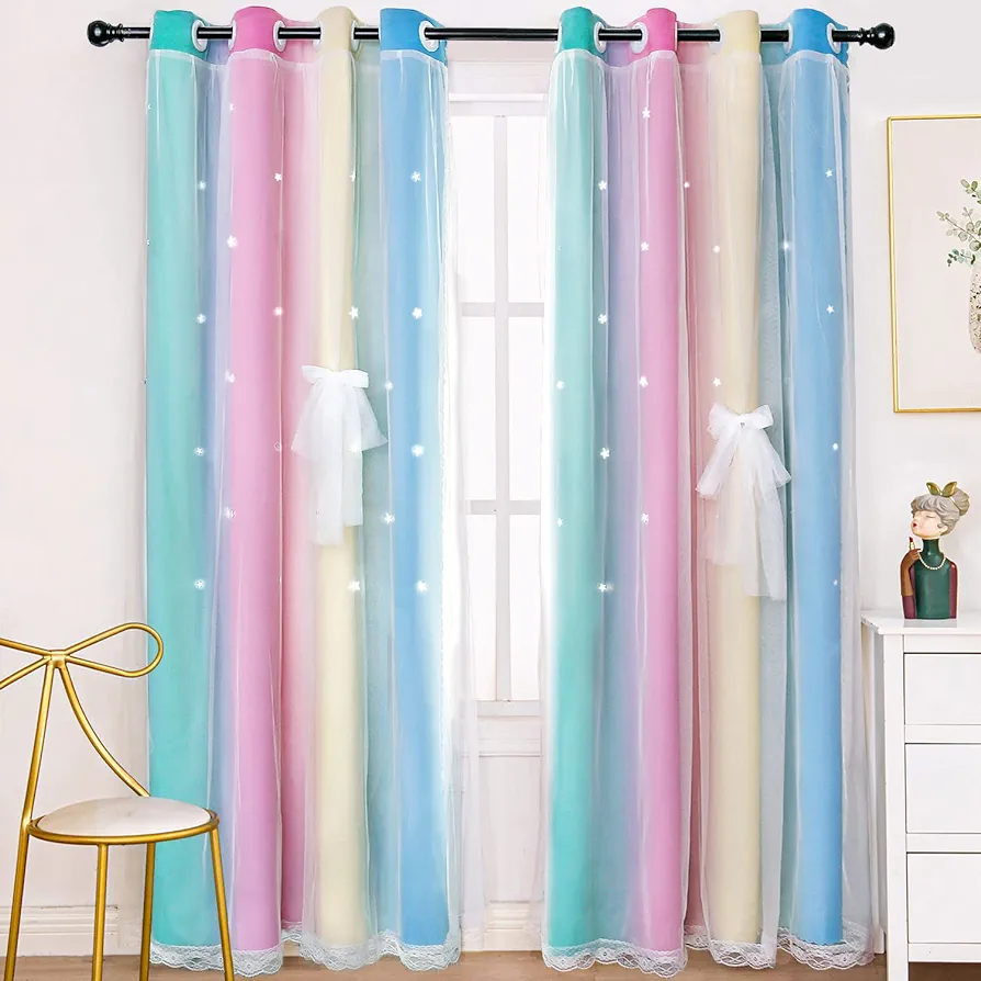 UNISTAR 2 Panels Blackout Stars Curtains for Girls Bedroom Kids Aesthetic Living Room Decor Colorful Double Layer Star Cut Out Stripe Blue Rainbow Window Wall Home Decoration Curtain,W52 x L63 Inches