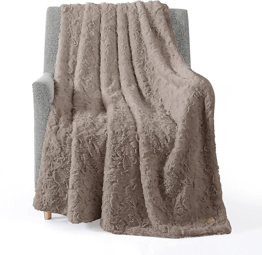 UGG 10484 Adalee Soft Faux Fur Reversible Accent Oversized Throw Blanket Fluffy Fuzzy Luxury Cozy Hotel Style Luxurious Soft Boho Home Decor Blankets for Bed and Living Room, 70 x 50-Inch, Oyster