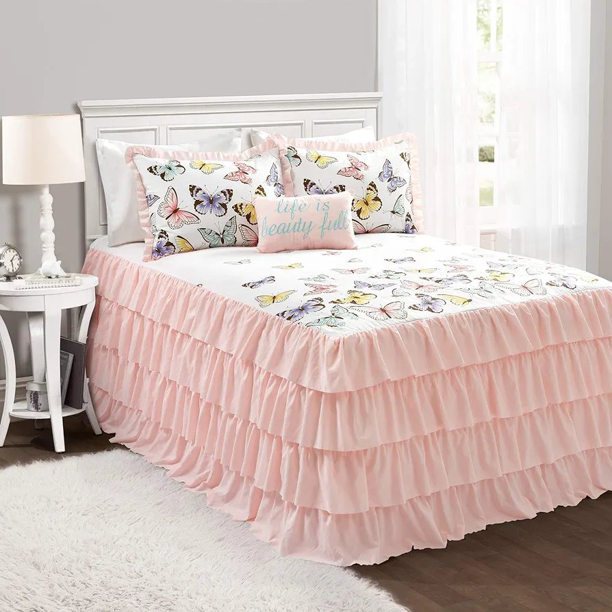 Lush Decor Flutter Butterfly 4-Piece Bedspread Set, Cute Bedspread, Pink, Full/Queen