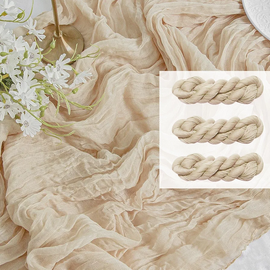 3 Pack Beige Table Runner 35x120 Inches for Baby Shower Decoration Gauze Rustic Table Runner for Wedding Party First Communion Centerpiece Engagement Bridal Shower Boho Decoration