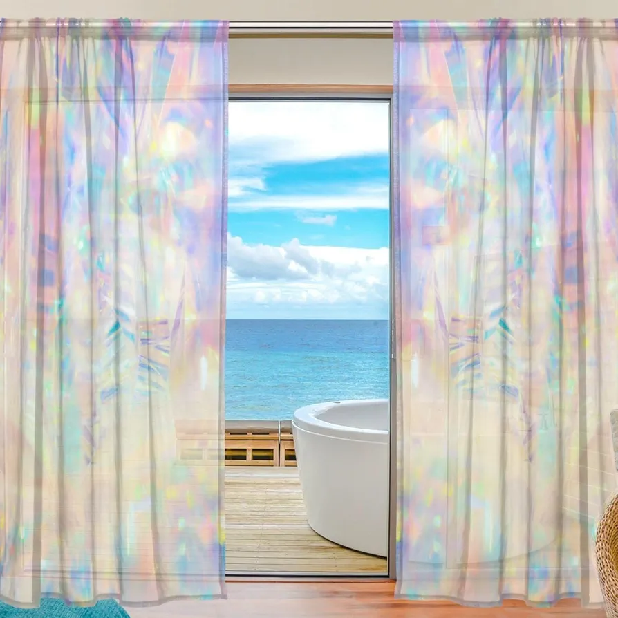 Floral Holographic Iridescent Metallic Printing Semi Sheer Curtains Window Voile Drapes Panels Treatment-55x84in for Living Room Bedroom Kids Room, 2 Pieces