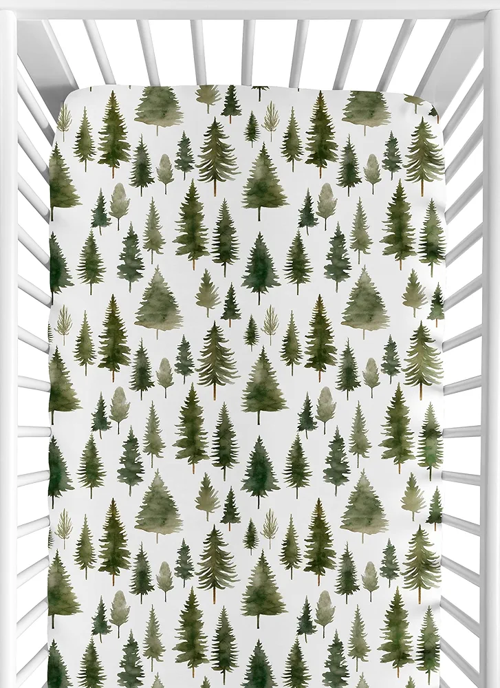 Sweet Jojo Designs Sage Green Woodland Boy Girl Gender Neutral Unisex Baby Fitted Crib Sheet Infant Newborn Nursery Toddler Bed Room Standard Mattress Forest Themed Pine Trees Abstract Watercolor