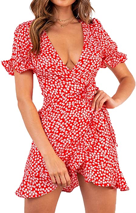 Relipop Women's Dresses Floral Print Deep V-Neck Short Bell Sleeve Ruffle Wrap Tie Knot Fishtail Short Dress