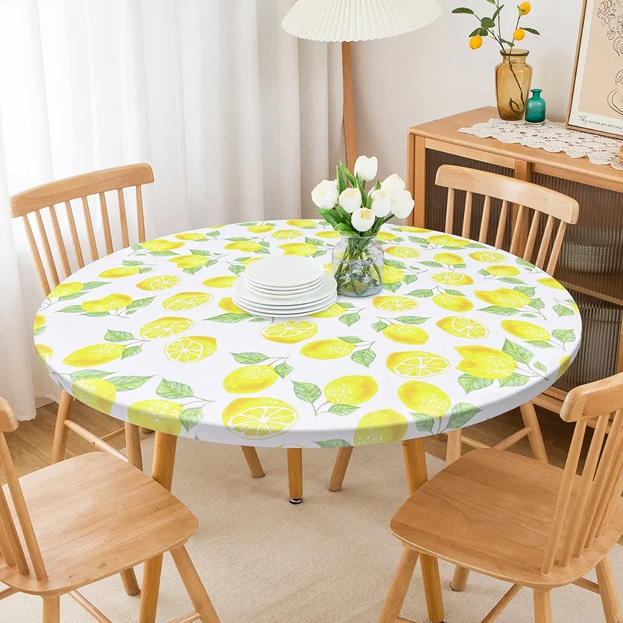 Summer Fitted Tablecloth Spandex Eastic Table Cover Round Yellow Lemon Table Cloth for Spring Living Room Dining Home Party 60 Inch