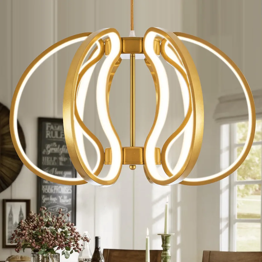 CHYING Gold Modern LED Chandelier Dimmable Pendant Light Contemporary Chandeliers for Dining Room Kitchen Living Room Foyer Entryway 3000K-6000K