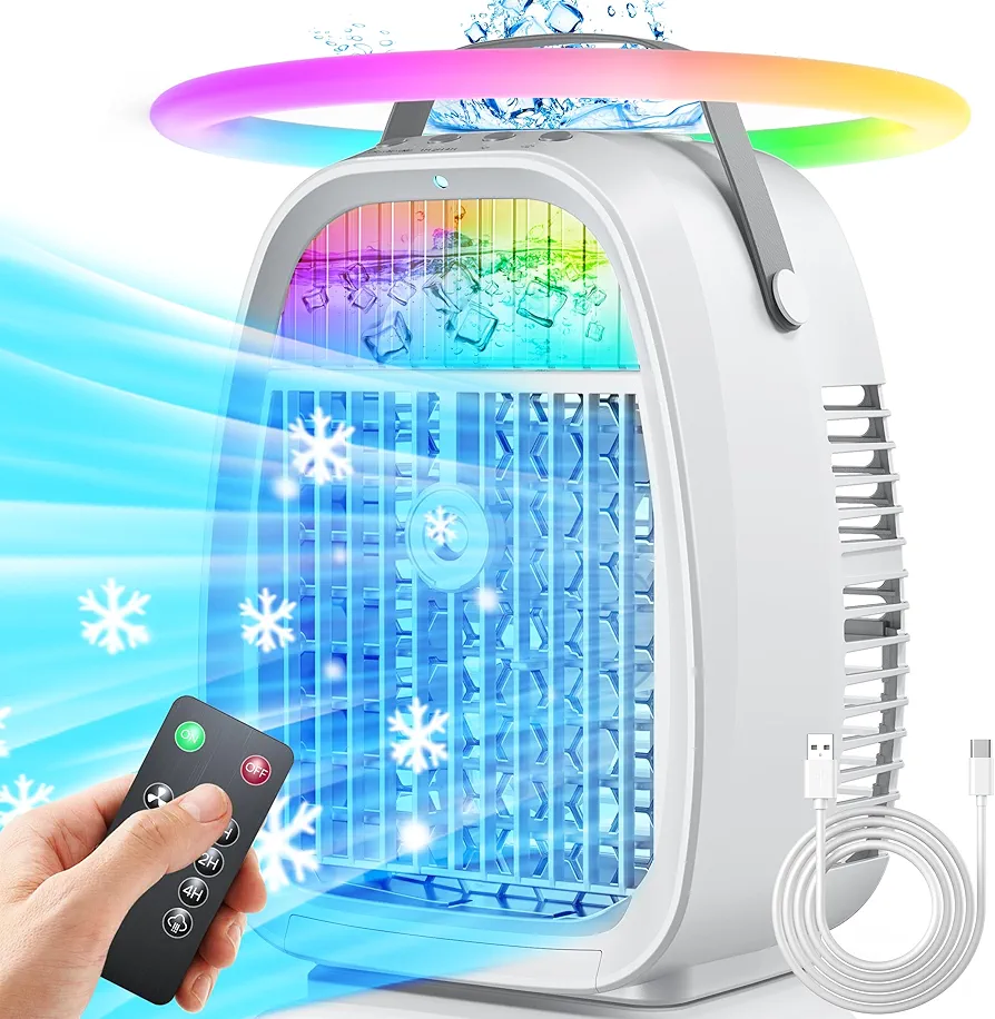 AI Portable Air Conditioners Fan,Evaporative Mini Misting Air Conditioner,Portable AC Air Cooler with 4 in 1 Humidifier Fan Conditioner 7 Colors Light, 3 Speed AC Portable for Bedroom Office