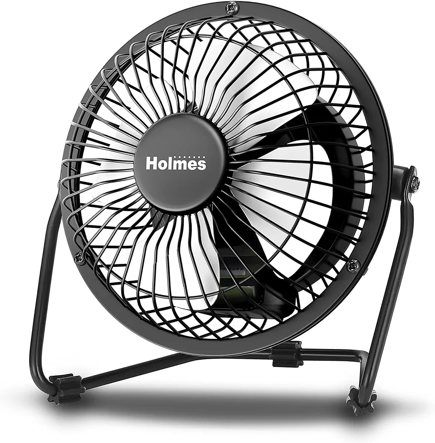 HOLMES 4" Mini High-Velocity Personal Desk Fan, 4 Blades, Adjustable 360° Head Tilt, Durable Metal Construction, Single Speed, Ideal for Home, Dorm Rooms, Bedrooms, or Offices, Black