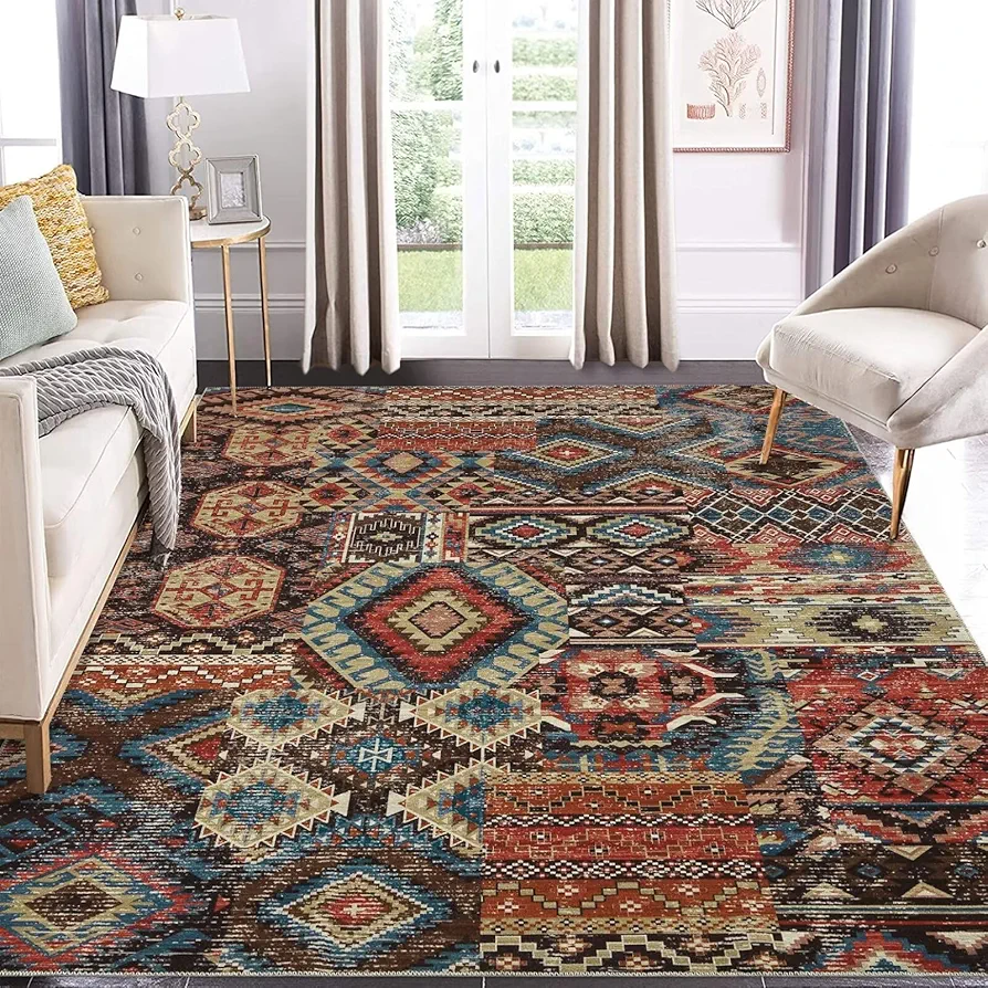 Area Rug 9x12 Large Rug Vintage Bohemian Floor Carpet Washable Rug Living Room Oriental Distressed Rug Non Slip Low Pile Foldable Floor Cover Bedroom Dining Room Home Office Decor Brown