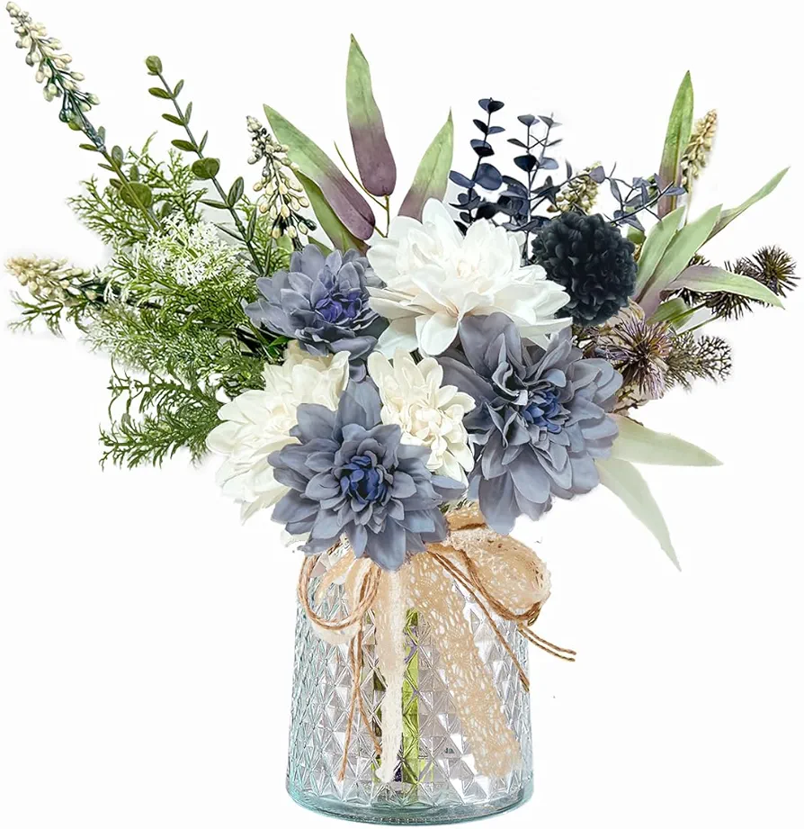 Wracra Artificial Flowers in Vase, Silk Fake Flowers in Vase, Faux Flowers Table Centerpieces for Dining Room, Bathroom Farmhouse Kitchen Coffee Table Decor (White Blue Dahlia)