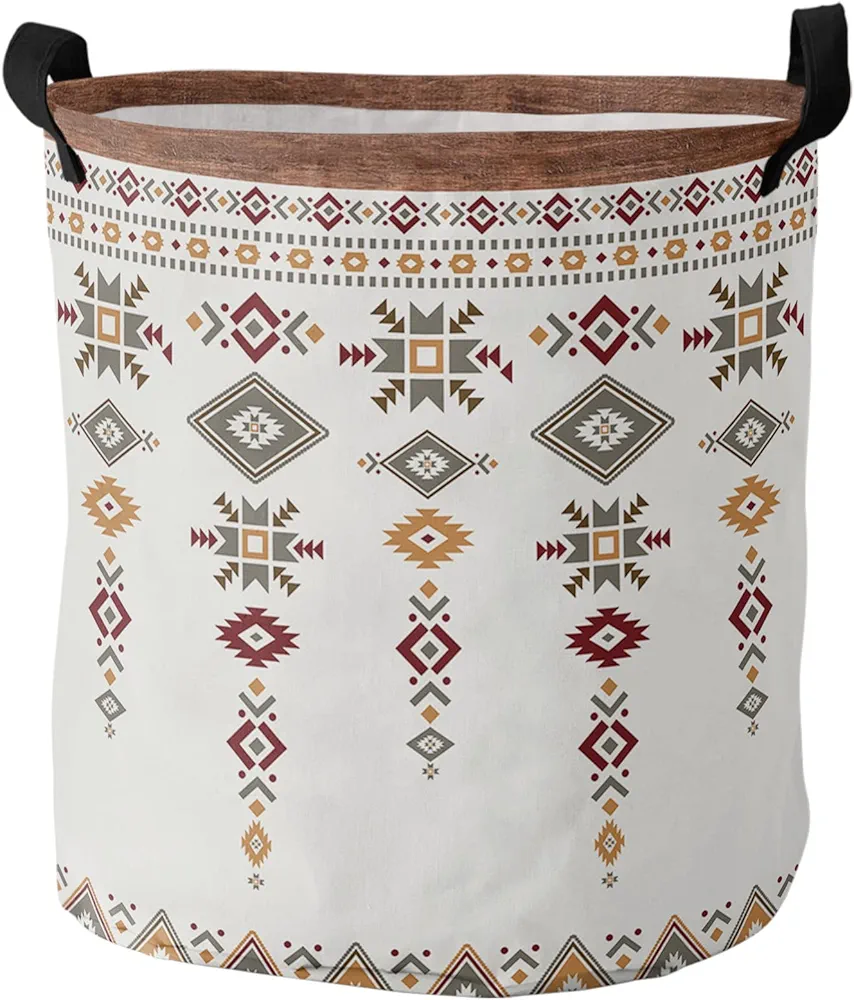 Big Laundry Basket Storage, Southwest Native American Tribal Totem Boho Waterproof Canvas Laundry Hamper, Round Collapsible Basket with Handles for Nursery Laundry Room Home Office