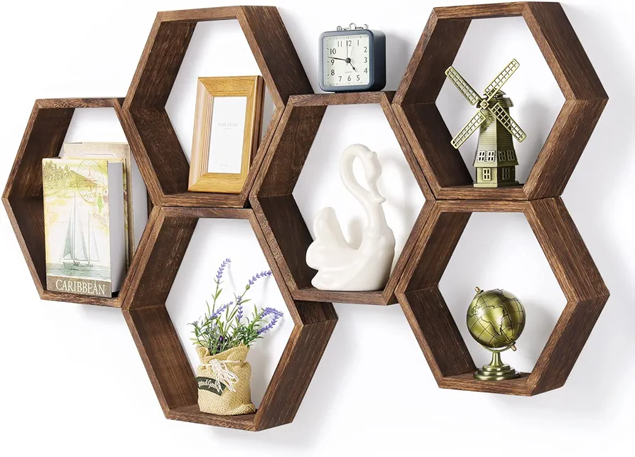 Hexagon Floating Shelves Set of 6 Farmhouse Honeycomb Wall Storage Shelf Wood Display Hexagonal Shelves Wall Mounted Hanging Rustic Shelf Racks for Bedroom Living Room Hallway Office Decor, Brown