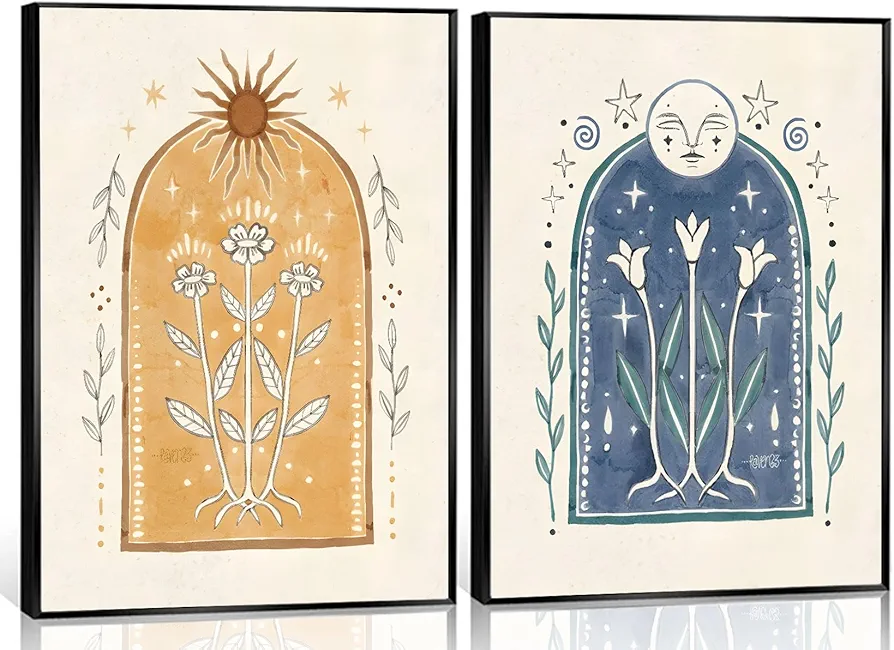 2Pcs Vintage Boho Sun and Moon Canvas Wall Art Sunflowers Pictures Spiritual Mystical Artwork Posters wall Decor Blue Orange Floral Folk Art Earthy Flower Leaves Stars Bedroom Room Decor12x16inUnframed