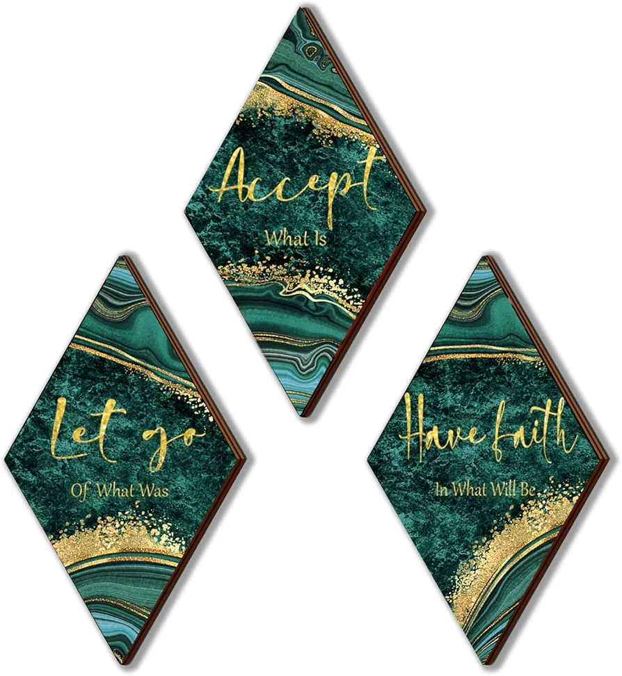 3Pcs Green Gold Bathroom Decor Green Gold Wall Decor with Accept Let Go Have Faith Quote Rustic Vintage Farmhouse Wooden Hanging Signs for Home Laundry Living Room Bedroom(Green Gold 12x7)