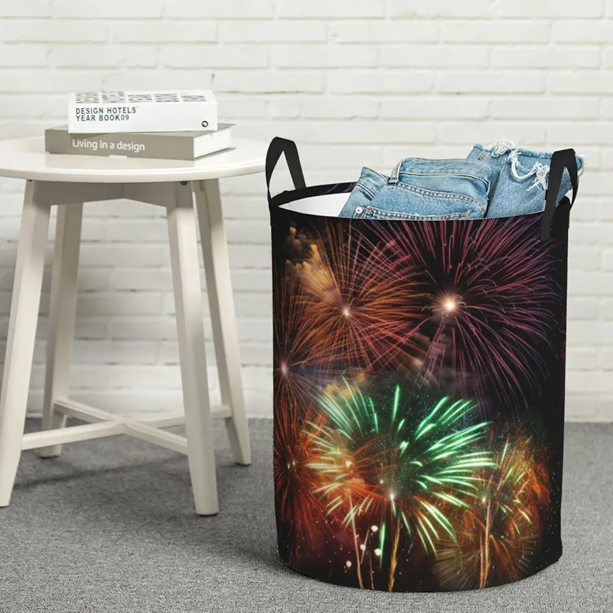 Large Laundry Basket Splendid Fireworks Laundry Hamper Collapsible Laundry Baskets Freestanding Waterproof Laundry Bag for Bedroom Bathroom Laundry Room, Small, Black, 65HG6FD54H6